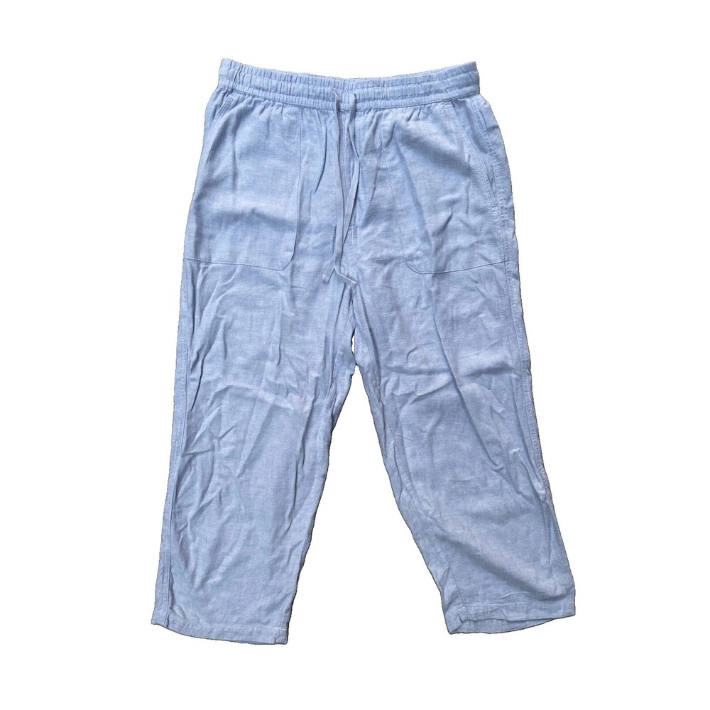 Lucky Brand Women's Linen Blend Pull On Crop Pants Blue Elastic Waist Size S